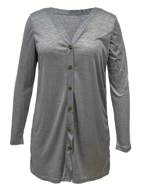 Versatile Solid Long Sleeve Women's Blouse with Button Front