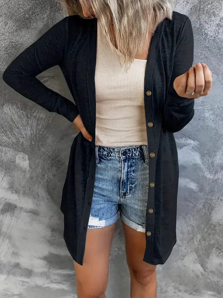 Versatile Solid Long Sleeve Women's Blouse with Button Front