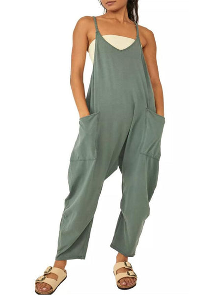 Women's Versatile V Neck Solid Color Jumpsuit with Convenient Pockets
