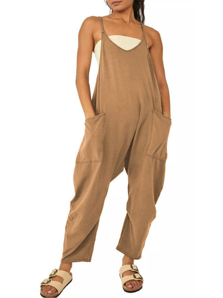 Women's Versatile V Neck Solid Color Jumpsuit with Convenient Pockets