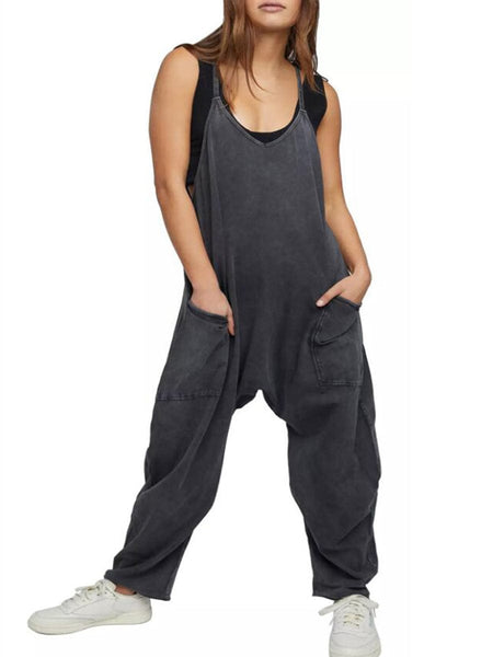 Women's Versatile V Neck Solid Color Jumpsuit with Convenient Pockets
