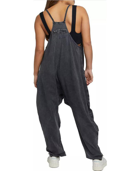Women's Versatile V Neck Solid Color Jumpsuit with Convenient Pockets