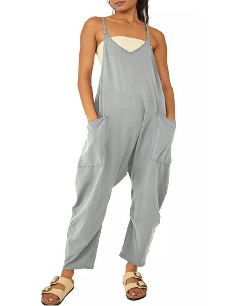 Women's Versatile V Neck Solid Color Jumpsuit with Convenient Pockets
