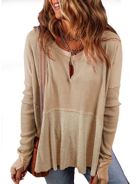 Versatile Waffle Texture V-Neck Pullover Sweatshirt For Women
