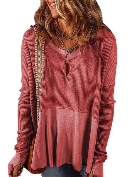 Versatile Waffle Texture V-Neck Pullover Sweatshirt For Women