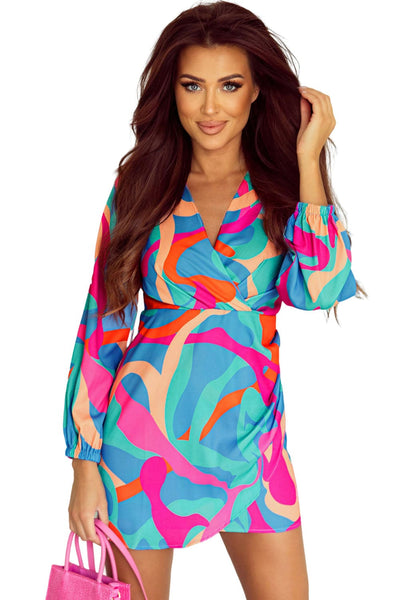 Stylish Print Design Long Sleeve Dress with Elastic Waist & Pockets