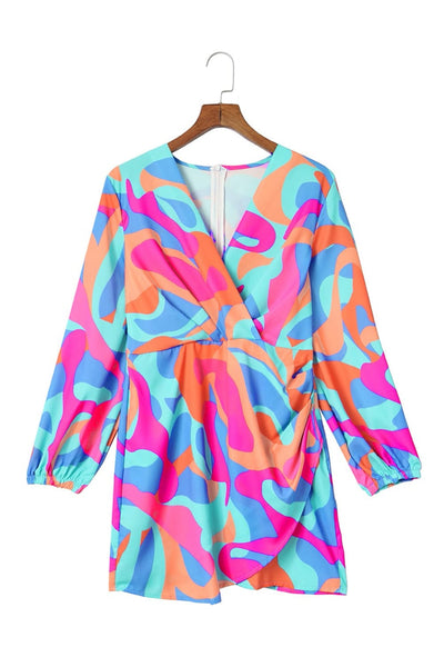 Stylish Print Design Long Sleeve Dress with Elastic Waist & Pockets