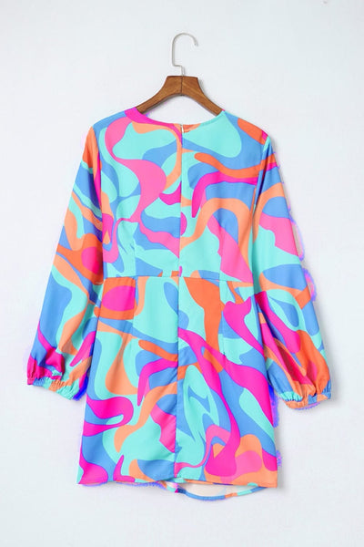 Stylish Print Design Long Sleeve Dress with Elastic Waist & Pockets