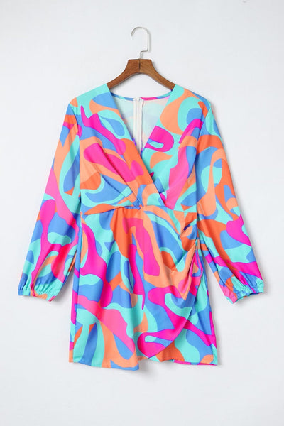 Stylish Print Design Long Sleeve Dress with Elastic Waist & Pockets
