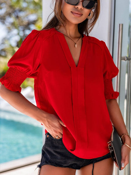 Vibrant Crimson V Neck Blouse with Puffy Sleeves