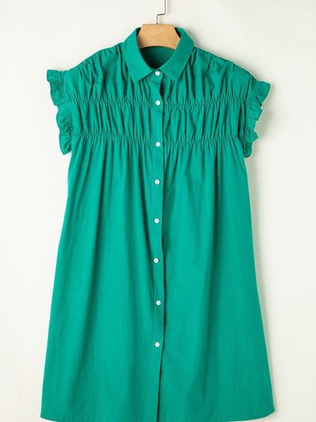 Vibrant Green Ruffle Sleeve Button-Up Mini Dress