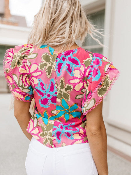 Stylish Women'S Printed Ruffled Floral Pullover With Abstract Geometric Print