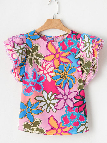 Short Sleeve Floral Ruffle Blouse