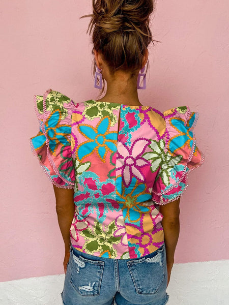 Stylish Women'S Printed Ruffled Floral Pullover With Abstract Geometric Print