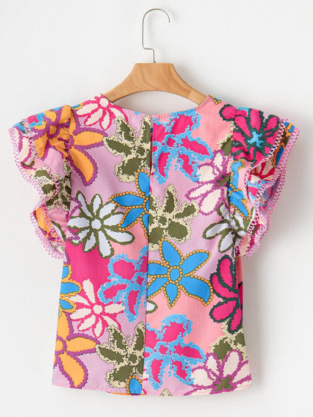 Stylish Women'S Printed Ruffled Floral Pullover With Abstract Geometric Print