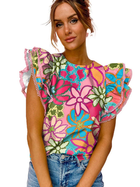 Short Sleeve Floral Ruffle Blouse