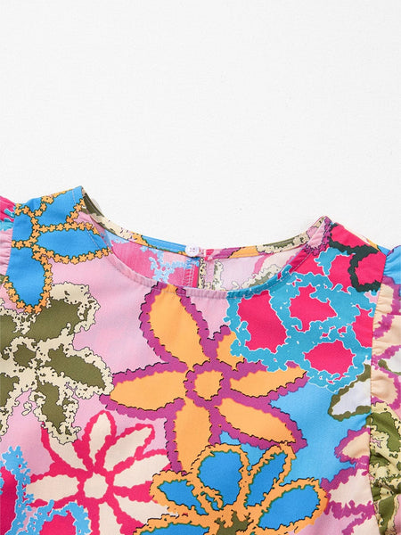 Stylish Women'S Printed Ruffled Floral Pullover With Abstract Geometric Print