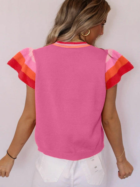 Short Sleeve Knit Sweater with Multicolored Accents