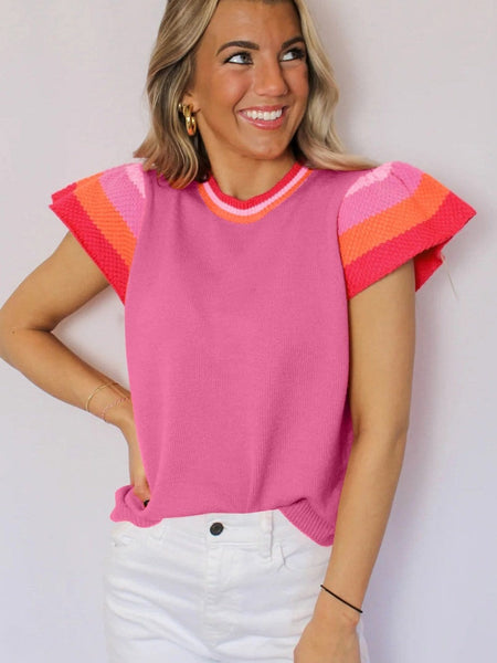 Short Sleeve Knit Sweater with Multicolored Accents