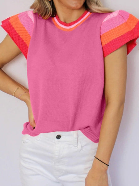 Short Sleeve Knit Sweater with Multicolored Accents