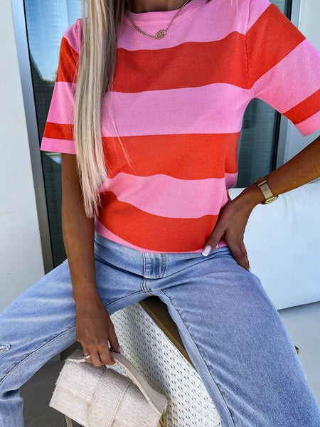 Women's Vibrant Pink Striped Colorblock Knit Top with Short Sleeves