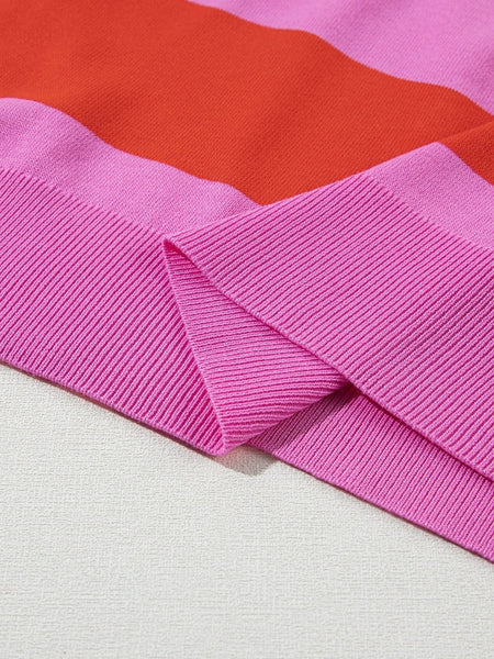 Women's Vibrant Pink Striped Colorblock Knit Top with Short Sleeves