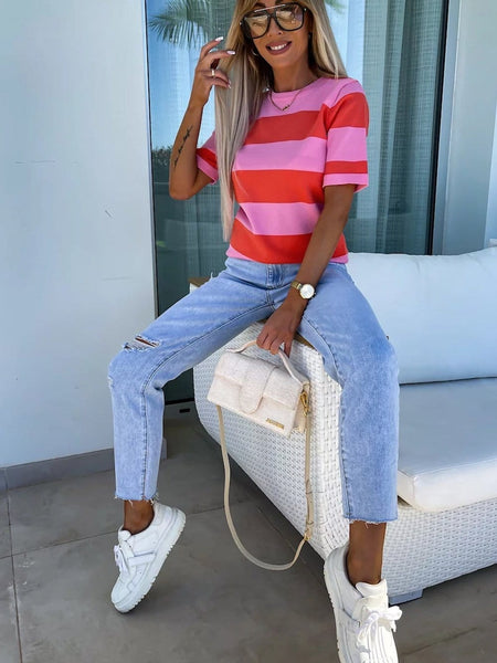 Women's Vibrant Pink Striped Colorblock Knit Top with Short Sleeves