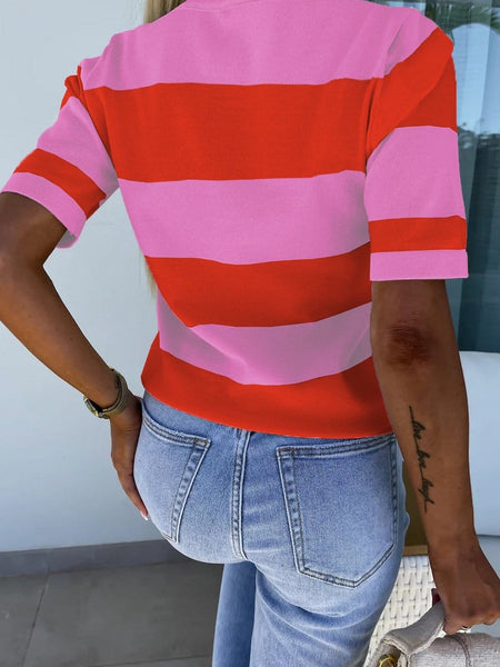 Women's Vibrant Pink Striped Colorblock Knit Top with Short Sleeves