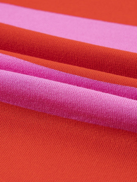 Women's Vibrant Pink Striped Colorblock Knit Top with Short Sleeves