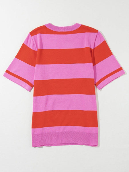 Women's Vibrant Pink Striped Colorblock Knit Top with Short Sleeves