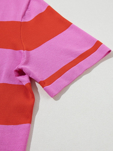 Women's Vibrant Pink Striped Colorblock Knit Top with Short Sleeves