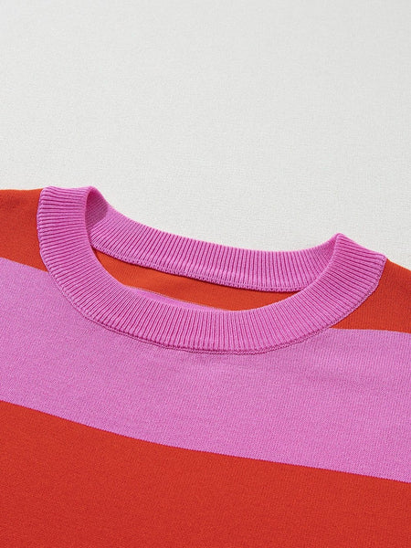 Women's Vibrant Pink Striped Colorblock Knit Top with Short Sleeves