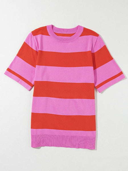 Women's Vibrant Pink Striped Colorblock Knit Top with Short Sleeves