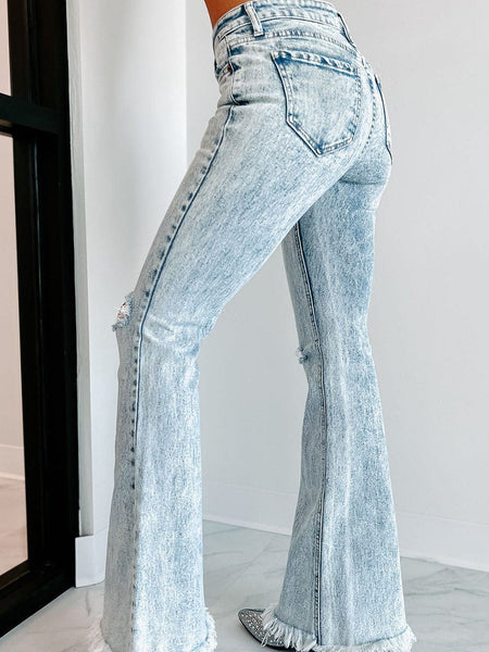 Women's Acid Wash Distressed High-Rise Flare Jeans