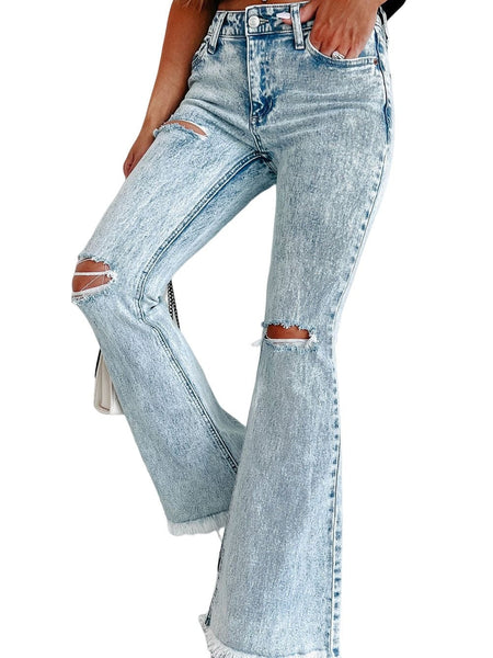 Women's Acid Wash Distressed High-Rise Flare Jeans