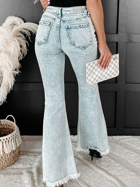 Women's Acid Wash Distressed High-Rise Flare Jeans