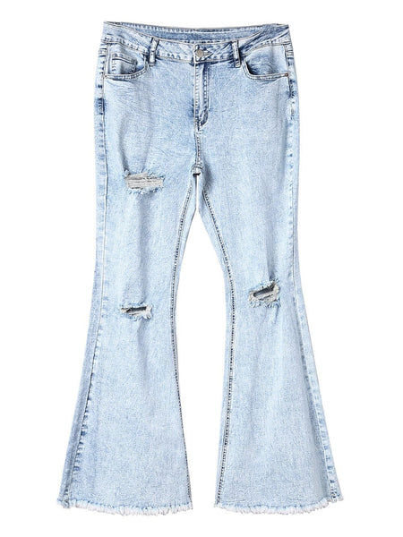 Women's Acid Wash Distressed High-Rise Flare Jeans