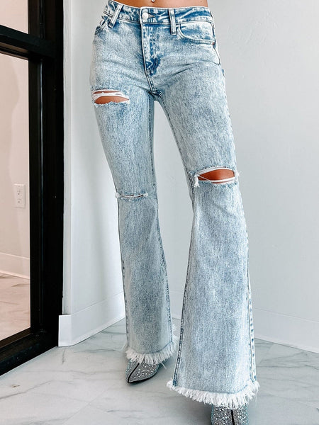 Women's Acid Wash High-Rise Flare Denim Jeans in Vintage Light Blue