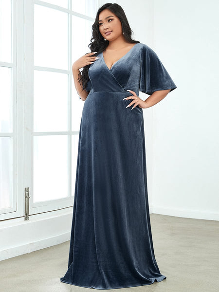 Vintage Brick-Red Plus Size Evening Dress with Double V Neckline