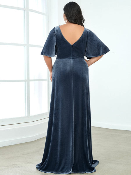 Vintage Brick-Red Plus Size Evening Dress with Double V Neckline