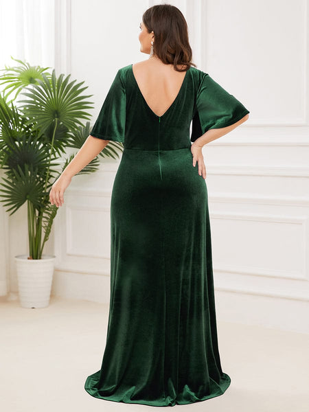 Vintage Brick-Red Plus Size Evening Dress with Double V Neckline
