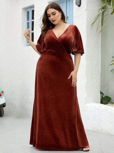 Vintage Brick-Red Plus Size Evening Dress with Double V Neckline