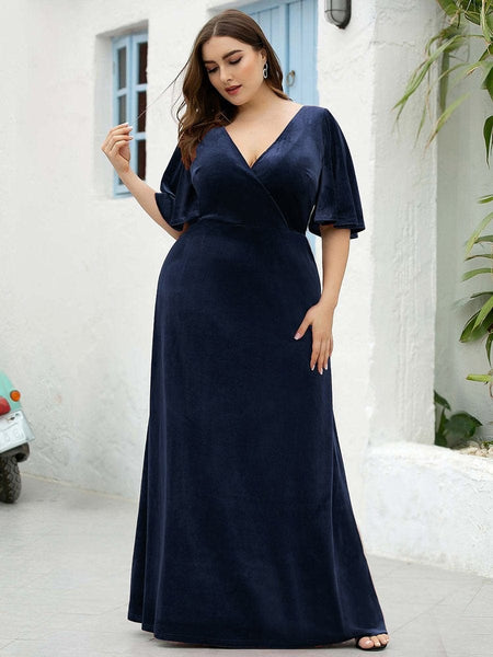 Vintage Brick-Red Plus Size Evening Dress with Double V Neckline