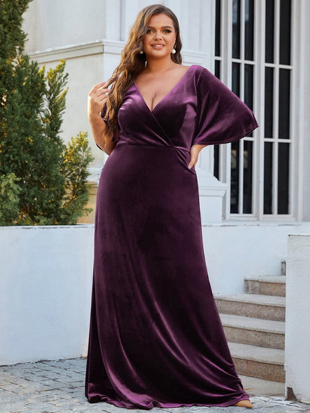 Vintage Brick-Red Plus Size Evening Dress with Double V Neckline