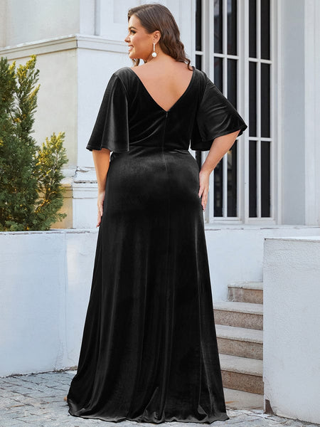 Vintage Brick-Red Plus Size Evening Dress with Double V Neckline
