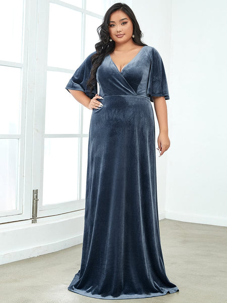 Vintage Brick-Red Plus Size Evening Dress with Double V Neckline
