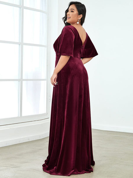 Vintage Brick-Red Plus Size Evening Dress with Double V Neckline