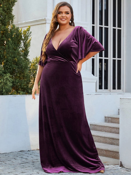 Vintage Brick-Red Plus Size Evening Dress with Double V Neckline