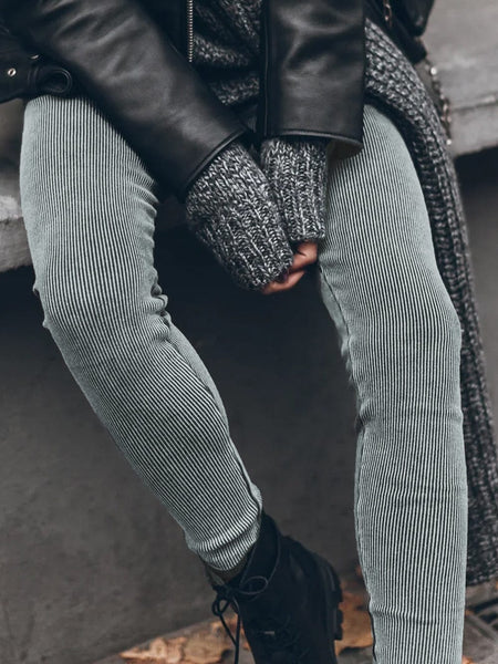 Women's Charcoal Acid Wash Ribbed High-Waist Cotton Leggings