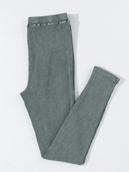 Women's Charcoal Acid Wash Ribbed High-Waist Cotton Leggings